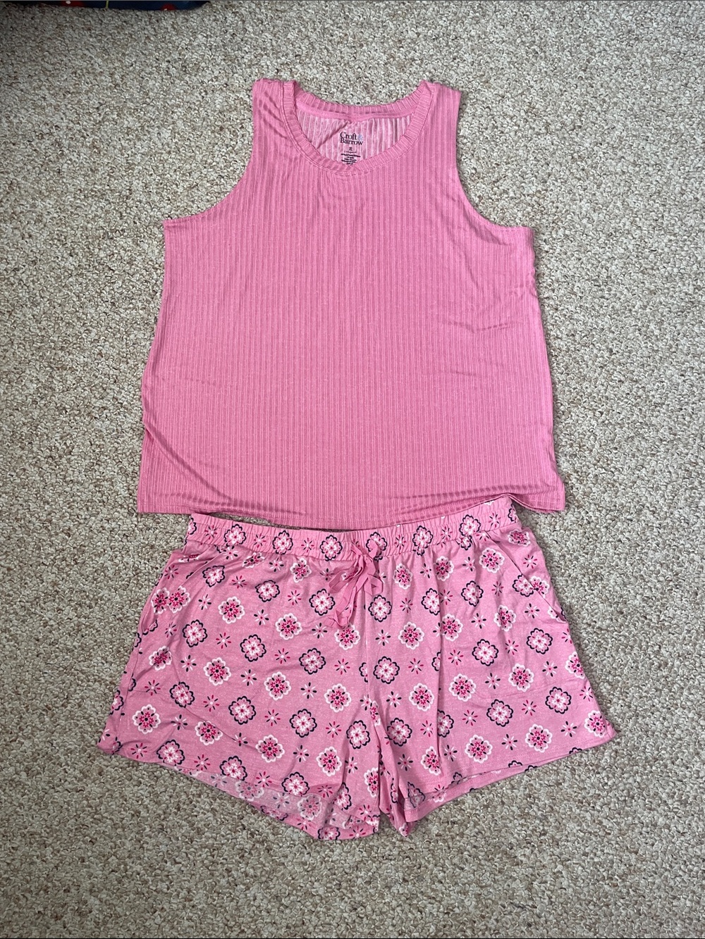 Cricut & Barrow Pink Ribbed Tank with Pink Floral Drawstring Shorts Sleep Set